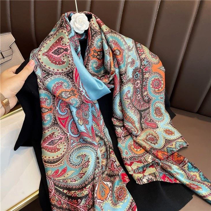 Custom Silk Scarf Female New Totem Print Brocade Silk Scarf Medium-Length Section