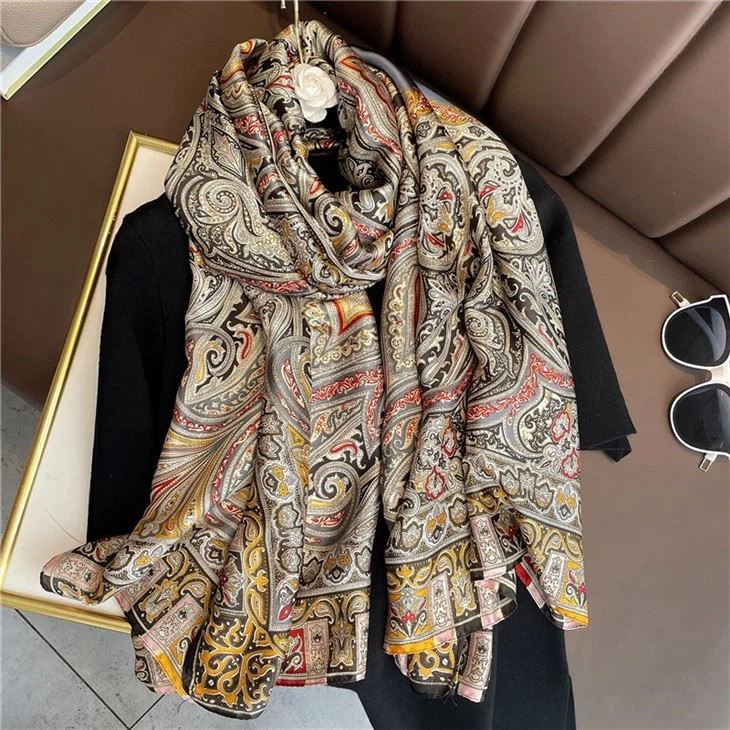 Custom Silk Scarf Female New Totem Print Brocade Silk Scarf Medium-Length Section